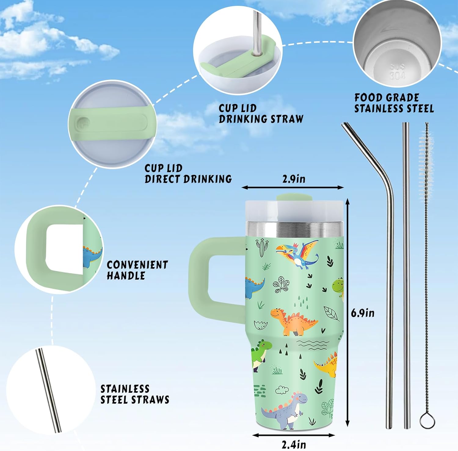 Dinosaur Stuff, 14 Oz Dino Tumbler with Handle & Straw, Thanksgiving Christmas Birthday Gifts for Daughter Son, Dinosaur Vacuum Insulated Tumbler for Son, Dino Cups with Lids, 1 PCS - Image 5