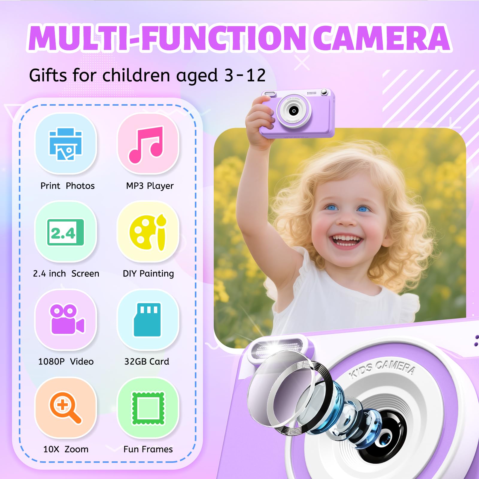 Macchina Fotografica Bambini Istantanea 2.4" Schermo 1080P con 32GB Scheda Regalo 3-14 Anni