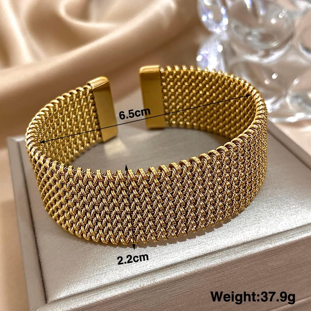 hotoo Gold Open Cuff Bangles Wide Woven Bracelets For Women Stainless Steel Stackable Jewelry For Xmas Birthday Gifts - Image 4