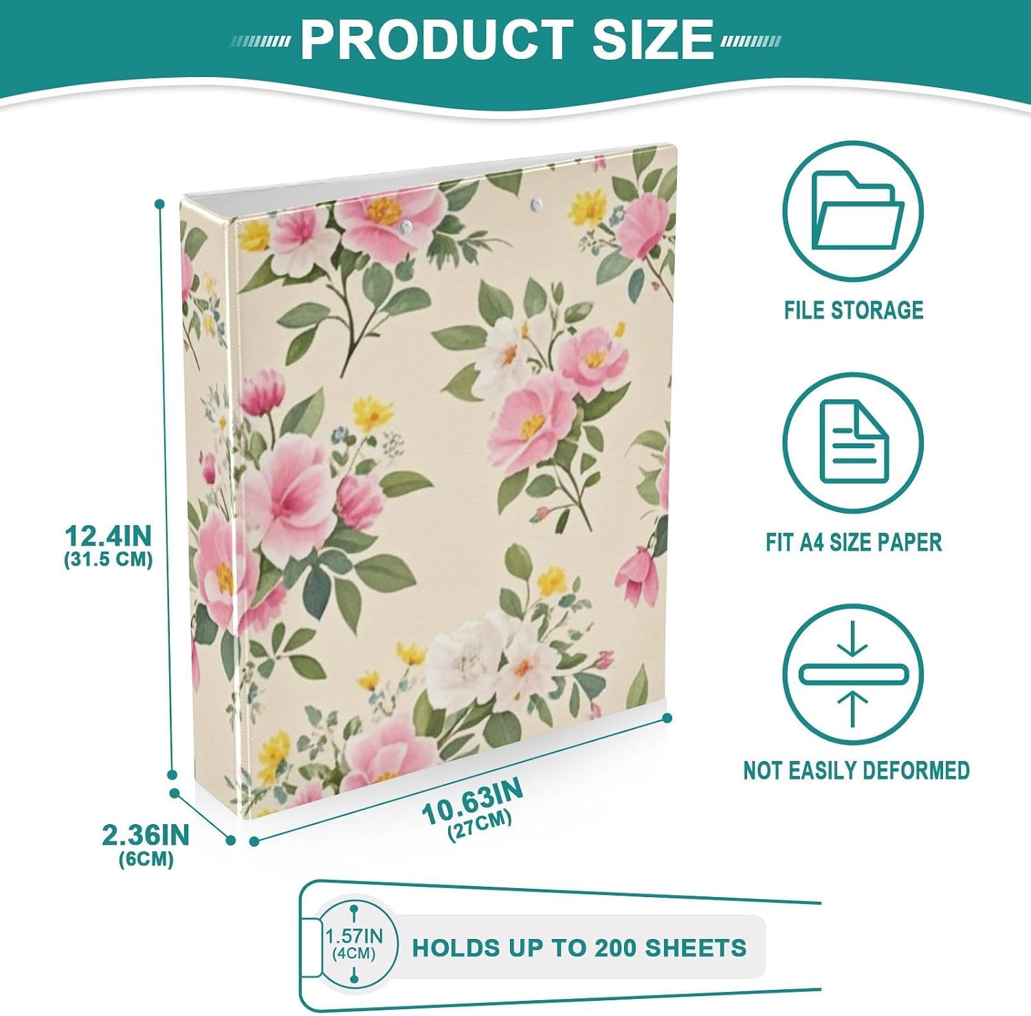 Hardcover 3 Ring Binders 1.5 Inch D Rings Binder with Clipboard Floral Pattern Decorative for Office Recipe,Multi5