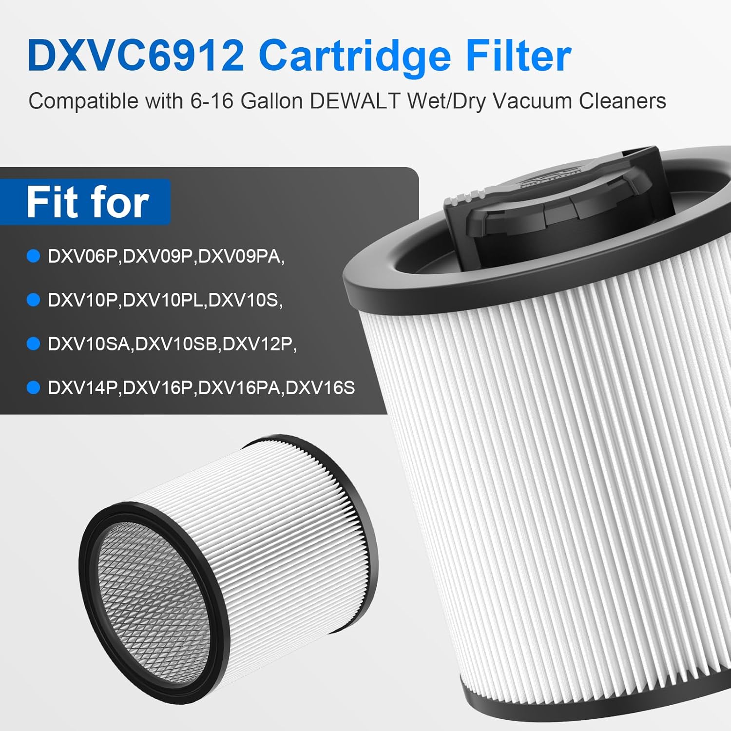 4 Pack DXVC6910 Cartridge Filter Replacement for DEWALT 6-16 Gallon Wet/Dry Vac, for DeWalt Vacuum Cleaner DXV06P DXV09P DXV09PA DXV10P DXV10PL DXV10S DXV10SA DXV10SB DXV12P DXV14P DXV16P, White