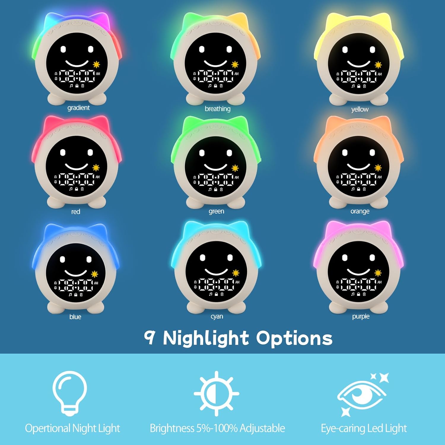 Kids Alarm Clock with Sleep Training, LED Night Light, Bluetooth Music, Multi-Color Display, Sound Machine, OK to Wake Light for Toddlers and Children
