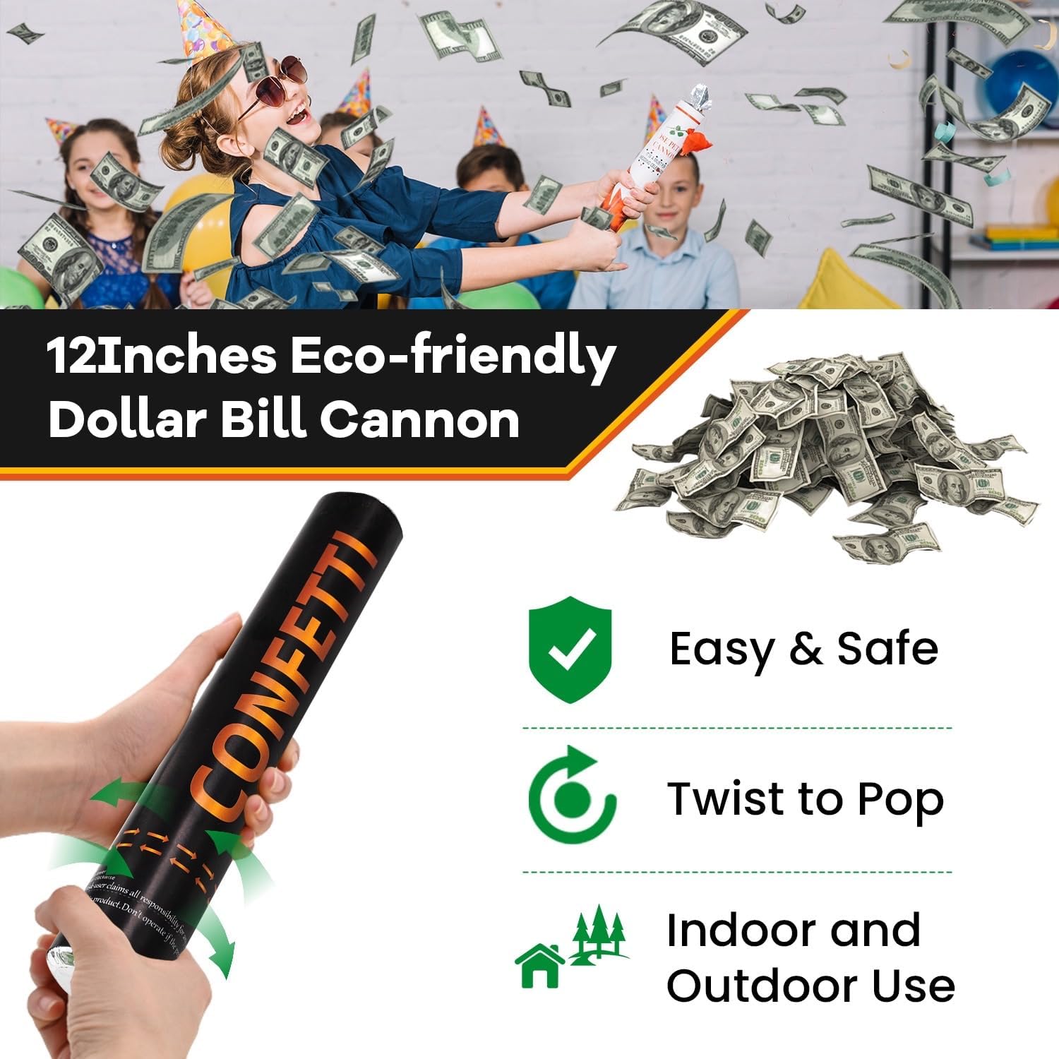 Money Confetti Cannon 12Pack Biodegradable 100 Dollar Bill Money Confetti 12inch Party Poppers for Celebration Opening Activities Birthday Graduation Business Signing - Image 3