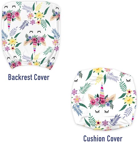 Miniatura 3 de Lunarable Funda floral para silla de oficina, pestañas de unicornio en flores con orejas encantadoras ramas de hojas Happy Fantasy, funda protectora
