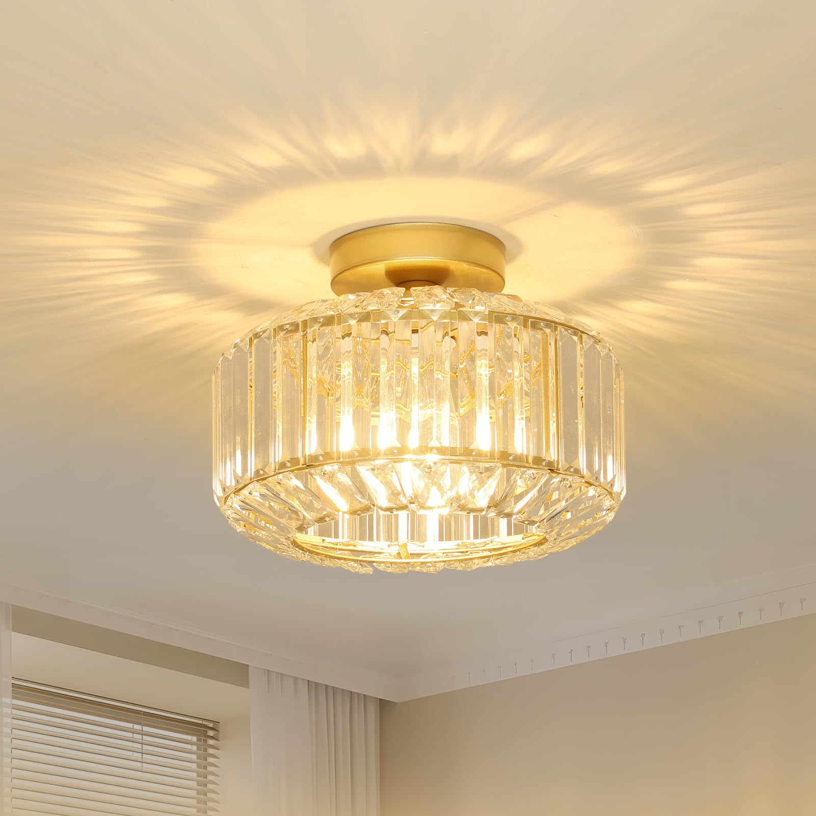 Gold Deckenlampe Wohnzimmer, Kristall Deckenleuchte Wohnzimmer, Deckenlampe Schlafzimmer mit Glas Lampenschirm, Gold Kronleuchter, Modern Kristall Kronleuchter für Esszimmer Flur Küche