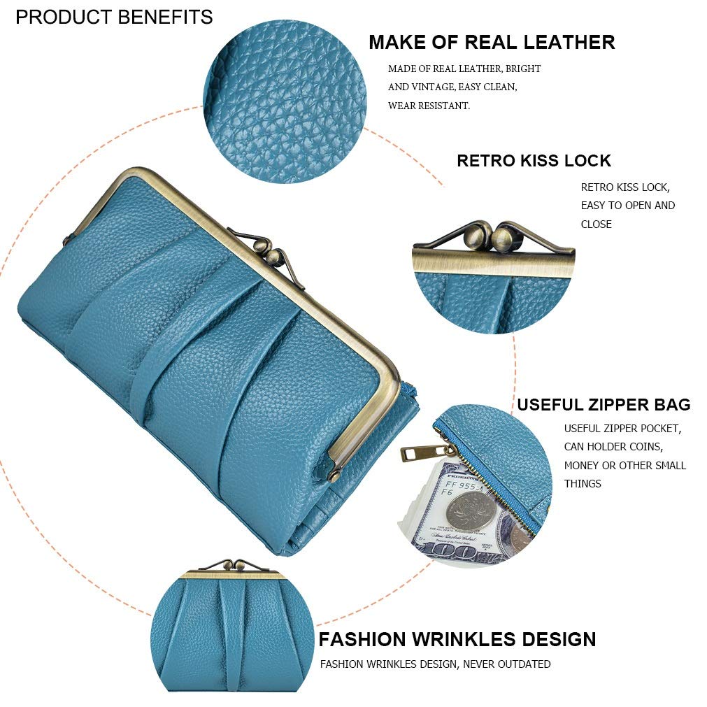 EASTNIGHTS Rfid Blocking Wallets for Women Leather Clutch Wallet Bifold Credit Card Holder Ladies Coin Purse with Zipper and Kiss Lock (Blue)