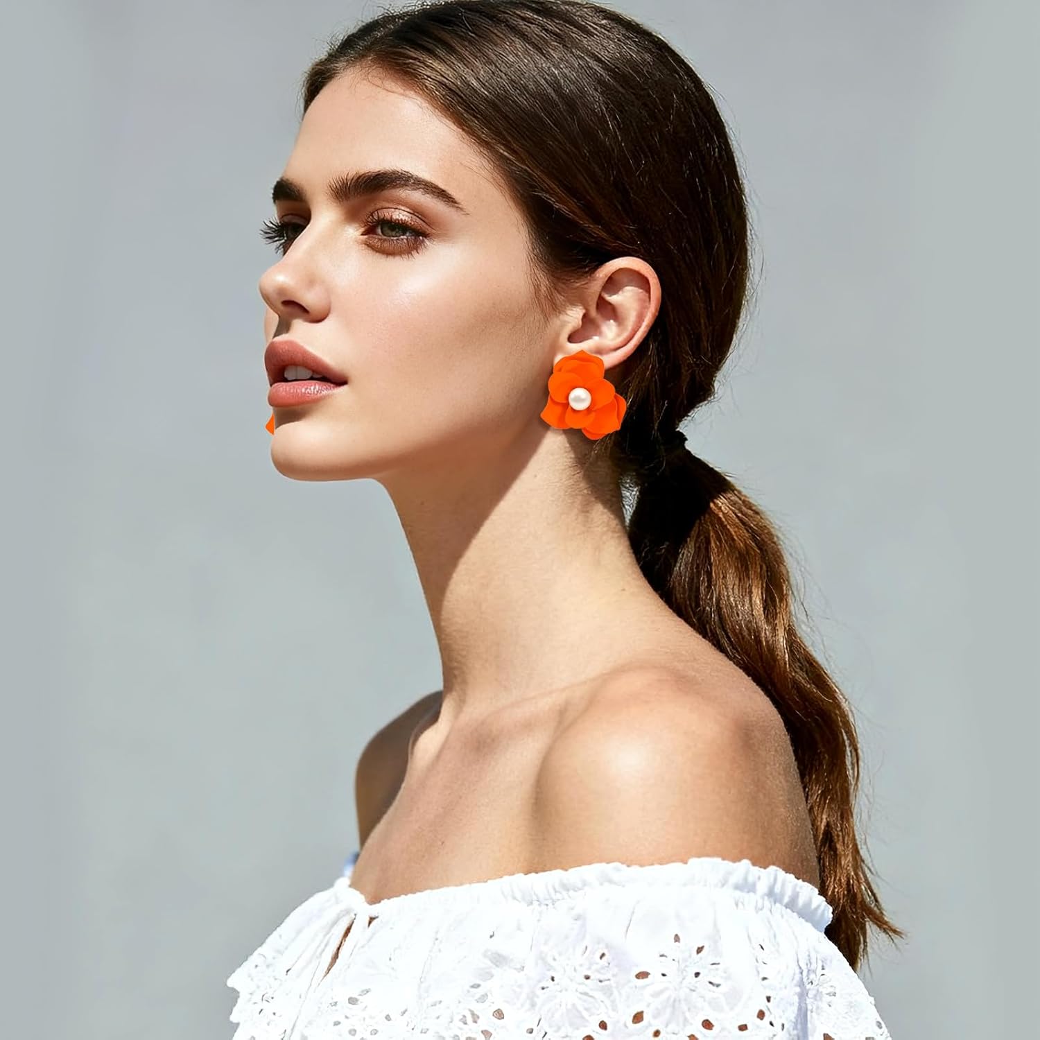 Floral Stud Earrings Chunky Flower Pearl Earrings for Women, Statement Colorful Orange Yellow Resin Flower Jewelry for Spring - Image 3