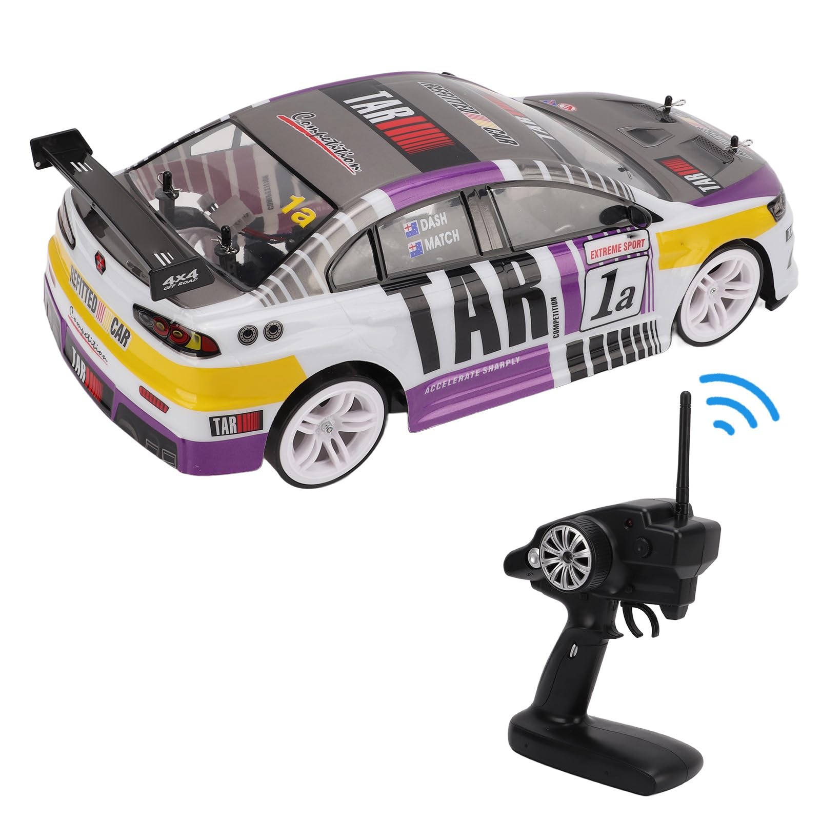 VGEBY 1/10 2.4G 4WD RC Samochód Wyścigowy do Driftu, Dioda LED Dużej Mocy, Lampa Kaskaderska, Zdalnie Sterowana, Zabawka Elektryczna z podwójną komorą Baterii i Oponami do Driftu, dla (2 baterie)