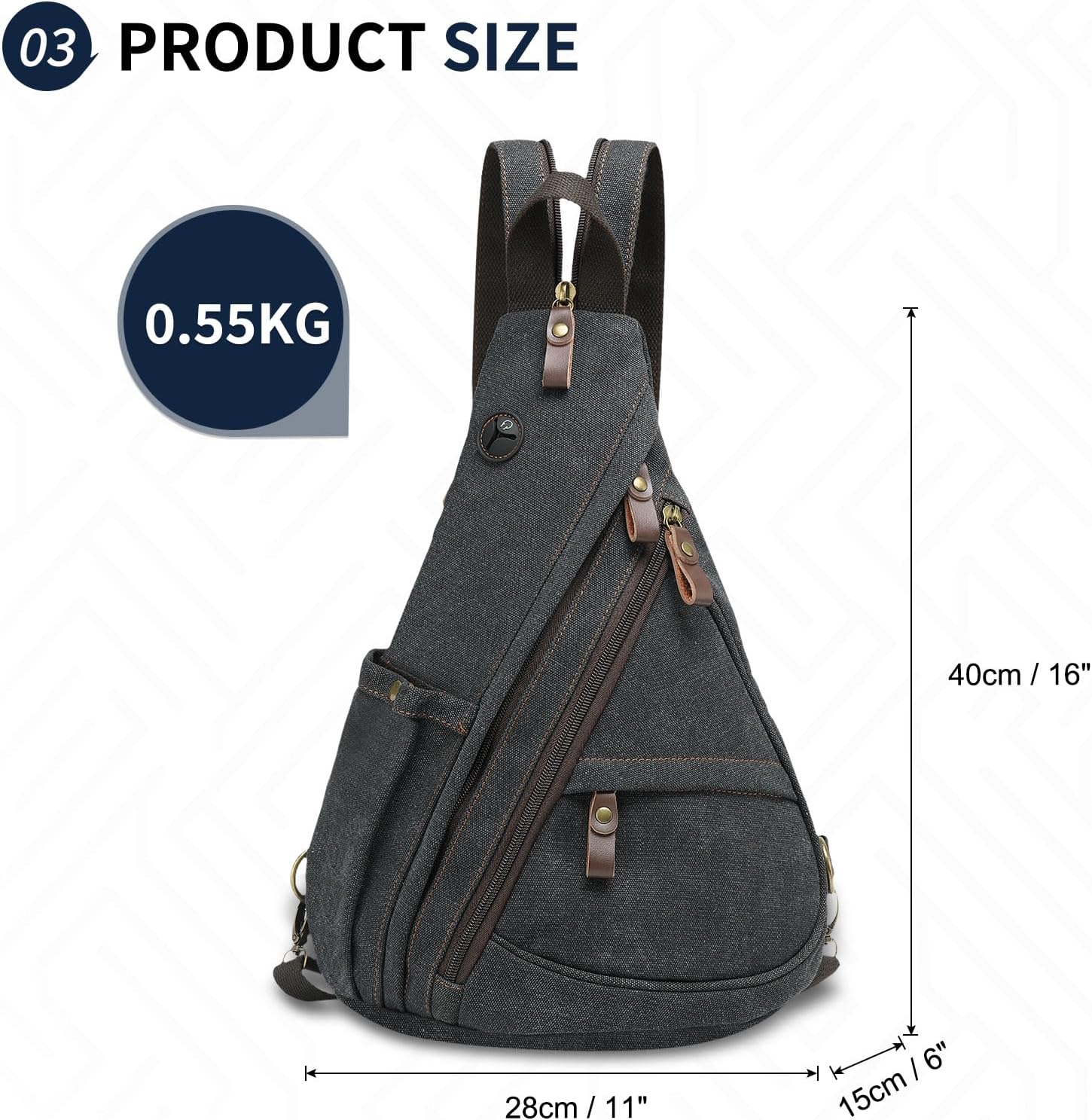 Vintage Canvas Sling Bag with Genuine Leather Zipper, 3 in 1 Crossbody, Backpack, and Chest Bag, for Travel, Hiking, 16x10x6 Inches, Black - Image 4