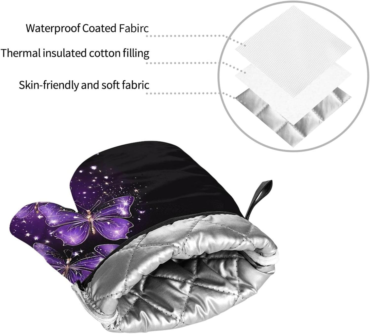 (Background with Night Butterflies) Baking 4-Piece Set: 2 Oven Mitts and 2 Pot Holders Heat Resistant Waterproof Hanging Loop for Kitchen Oven Grill Housewarming Gifts