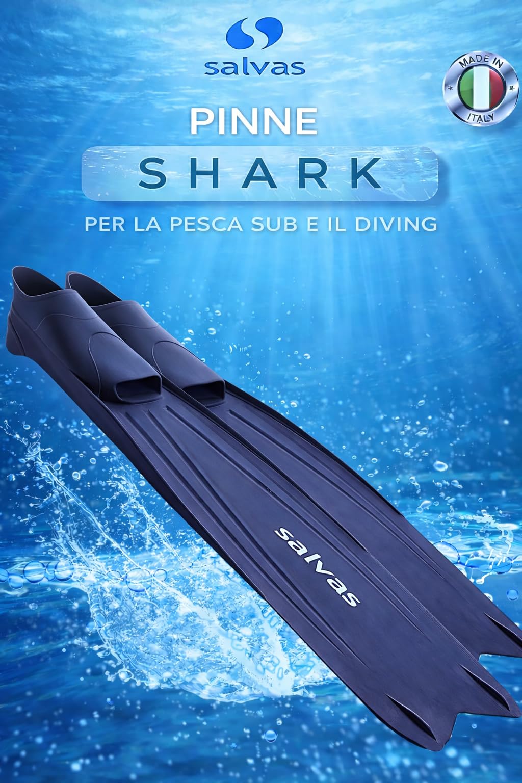 Salvas Pinne Snorkeling Shark - Pinne Uomo Pala Lunga per Snorkeler, Immersioni Libere e con Attrezzatura Subacquea - Scarpetta Thermorubber e Pala Technoflex per Elevate Prestazioni Sport Acquatici
