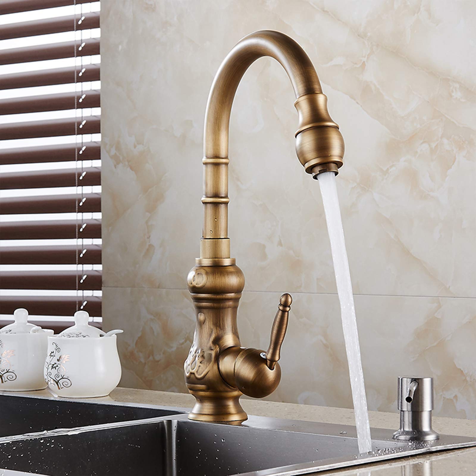 Grifo De Cocina, Grifo De Fregadero Giratorio a 360°, Caño Alto, Latón Monomando Mezclador De Fregadero, Para Agua Caliente Y Fría, Diseño Elegante, Estilo Antiguo, Bronce