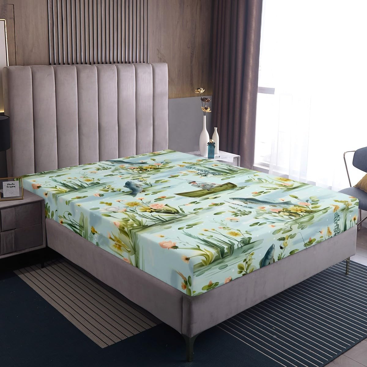 Erosebridal Fishing Full Fitted Sheet,Fisherman and Fish Bedding Set for Kids Boys Girls,Big Pike Bass Fish Bed Sheets,Rustic Lake House Flower Bed Set 3Pcs Bedroom Decor (No Flat Sheet)