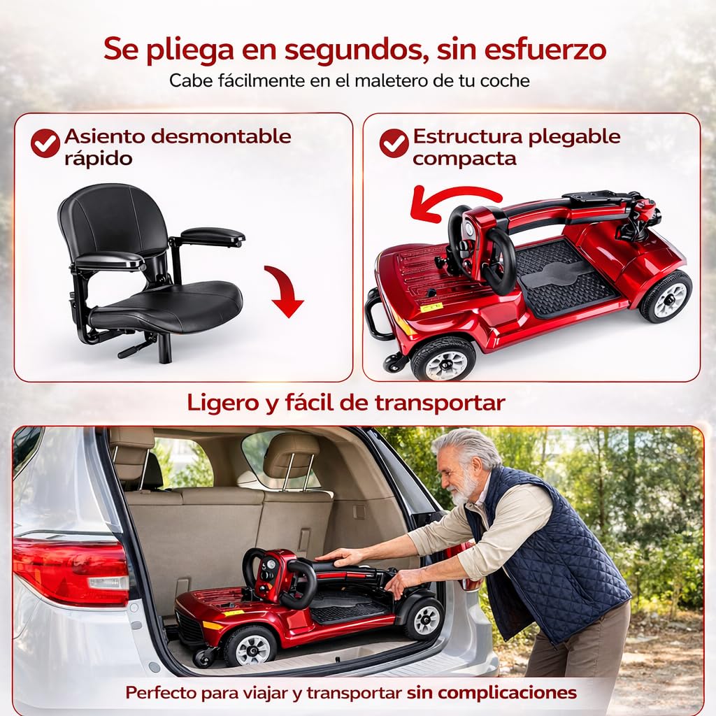 Scooter de Movilidad Eléctrico de 4 Ruedas, Plegable, para Personas Mayores y Movilidad Reducida, Autonomía de hasta 20 km, Neumáticos Antipinchazos, Rojo