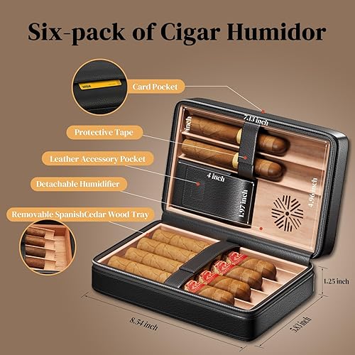 Miniatura 2 de Puffaland Caja de humidor de cigarros negro de cuero de viaje de madera de cedro con encendedor de cigarros y ponche de puros Luz