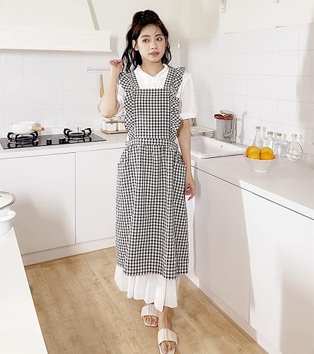 Miniatura 3 de TALIBSA Vestido de delantal a cuadros, delantal de lino de algodón japonés con espalda cruzada para mujer con bolsillos, vestido Pinafore con lazos