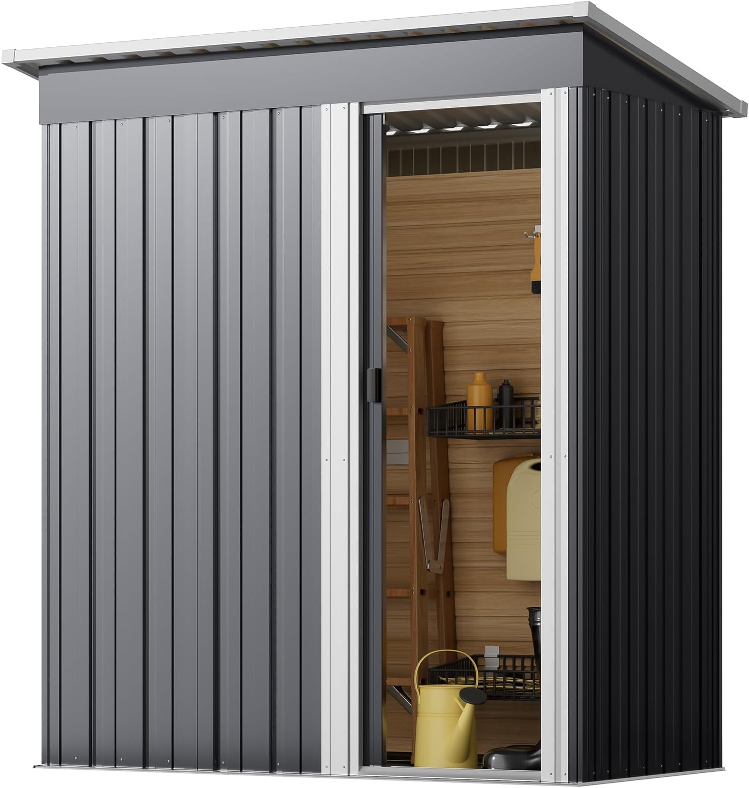 XEMQENER 5x2.5 FT Metal Garden Shed With Sliding Door and Roof - Waterproof Galvanized Steel Storage for Tools and Equipment, 153x77x182cm, Black