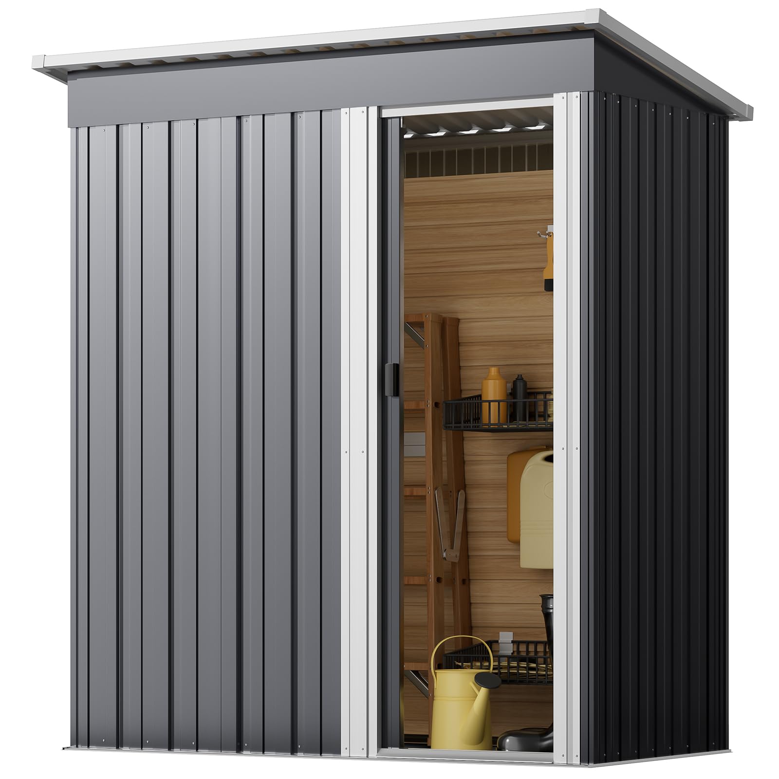 XEMQENER 5x2.5 FT Metal Garden Shed With Sliding Door and Roof - Waterproof Galvanized Steel Storage for Tools and Equipment, 153x77x182cm, Black