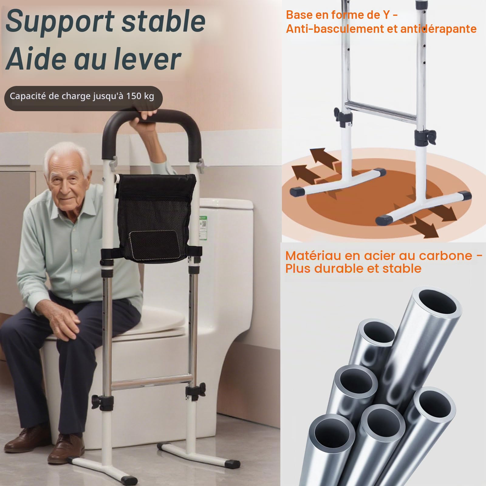 Barriere de Lit Adulte,Potence de Lit avec Potence 5 Niveaux Réglable(72 à 87cm),Aide à la Station Debout pour Personne âgée avec accoudoirs latéraux,Aide à la mobilité et au Quotidien,Capacité 150kg
