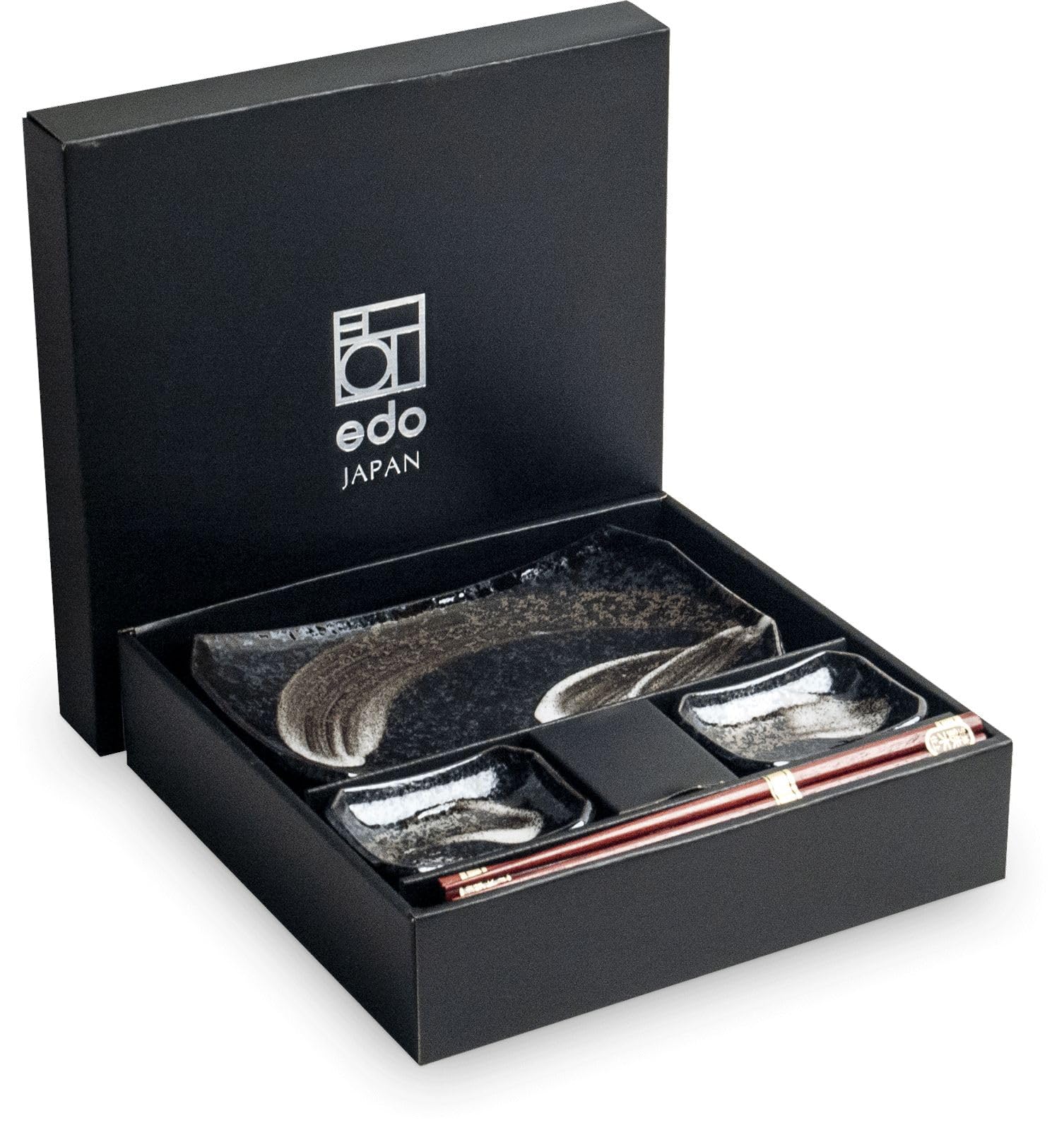 Sushi Set TENMOKU hergestellt in Japan Sushiset als Geschenkset zwei Sushi Teller zwei Schälchen und Essstäbchen 21,5 x 14,5
