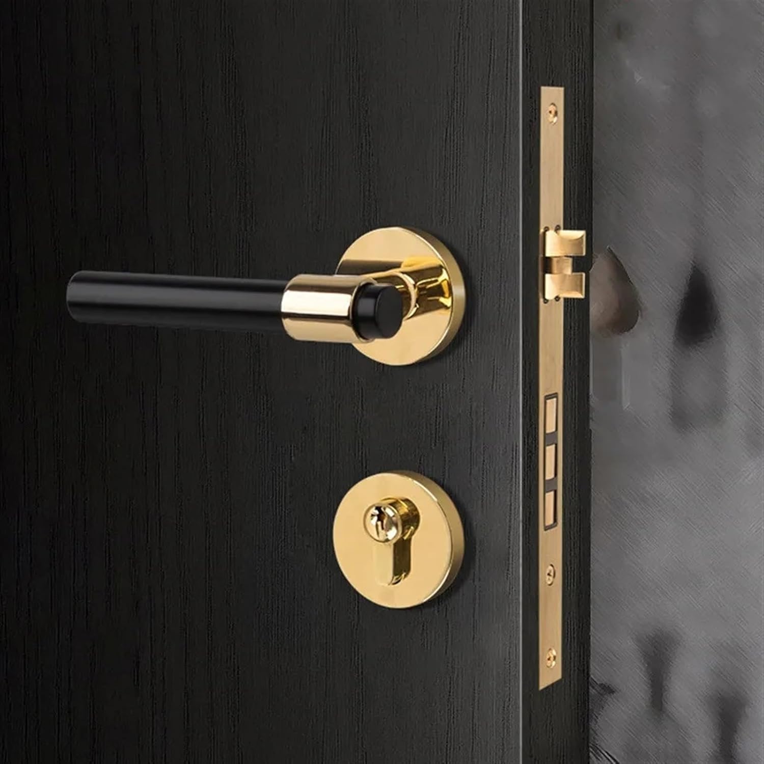 Copper Exterior Door Lock Set with Single Cylinder Deadbolt Gold Entry Lever Door Handle for 35-50mm Thick Door