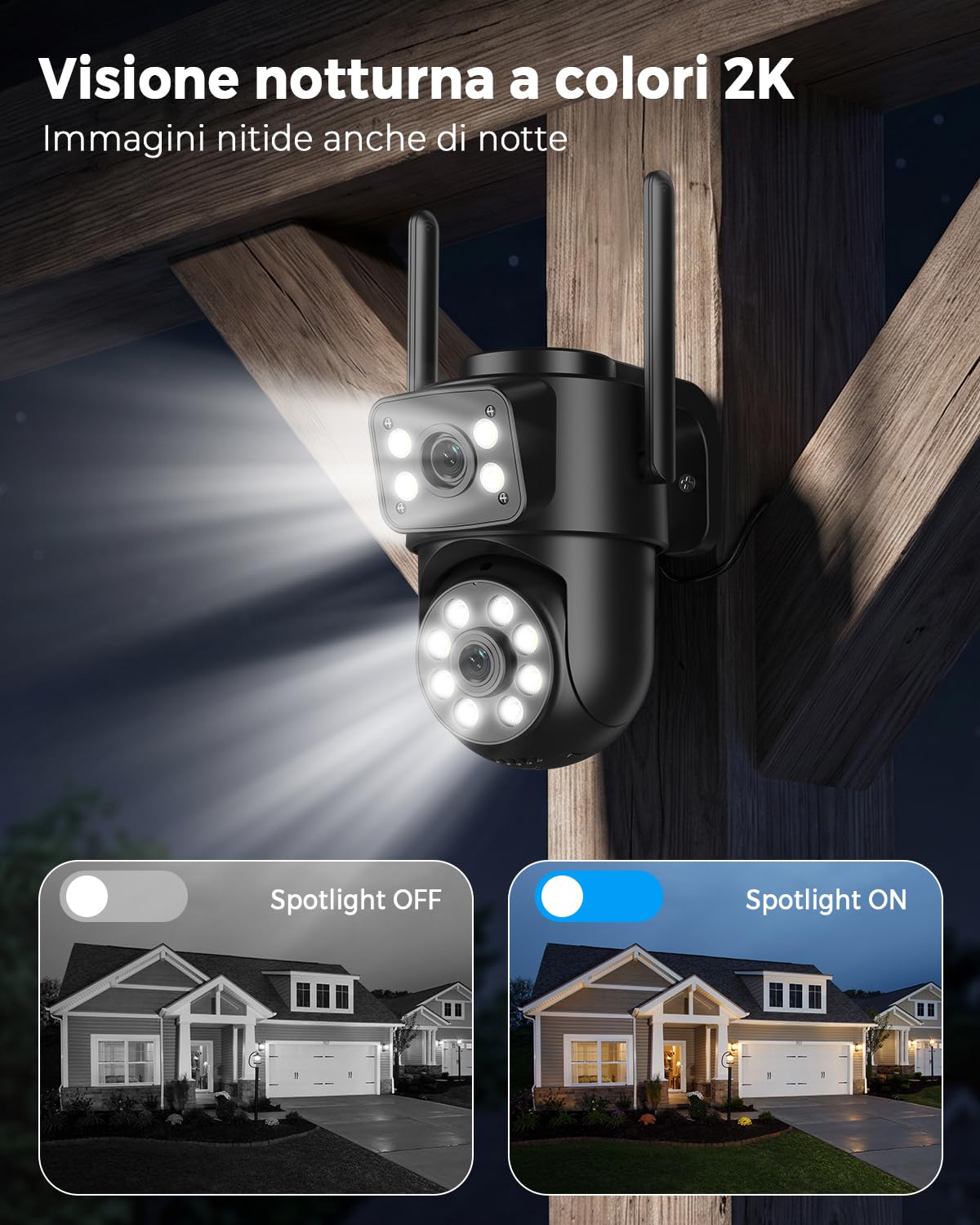 Reobiux 2K PTZ Telecamera Wi-Fi Esterno con Doppia Lente, 1 Pack | Visione Notturna, Risoluzione HD, Tracciamento Automatico, Allarme Sonoro e Luminoso, Impermeabile IP66, Tecnologia PTZ