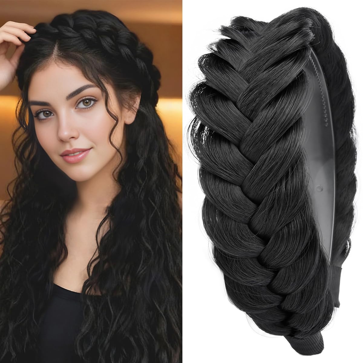 Wide Messy Braided Headband With Teeth Synthetic Hair Plaited Headband High Elasticity Braids Chunky Fishtail Braided Hair Band Hairpiece for Girls Women (Dark Chocolate)