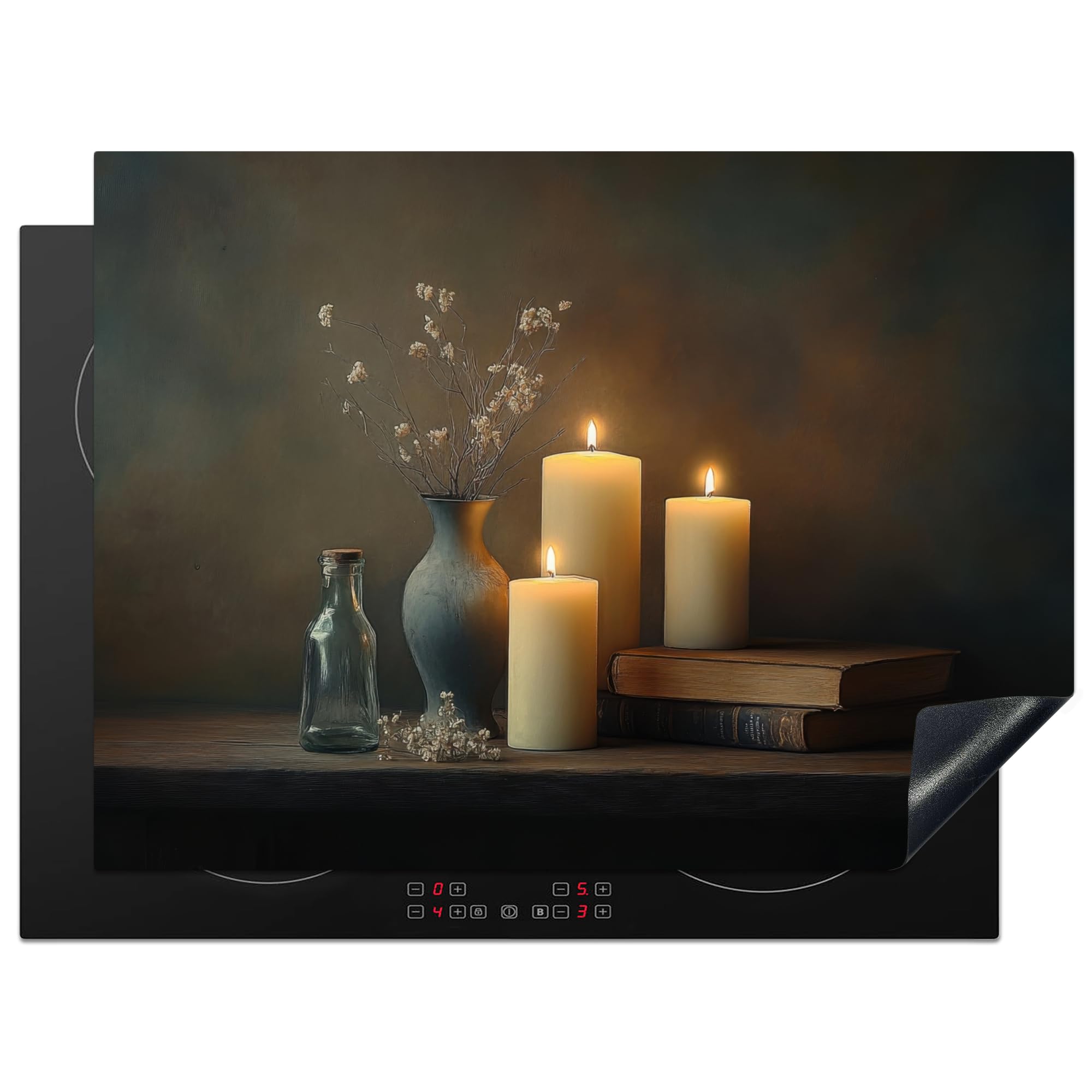KitchenYeah© Induction Hob Protector Mat 20.5"x27.6" / 70x52 cm Stove Cap Top Cover Kitchen Cooker Covers for Electric Hobs Vinyl Candles - Still Life - Rustic - Books