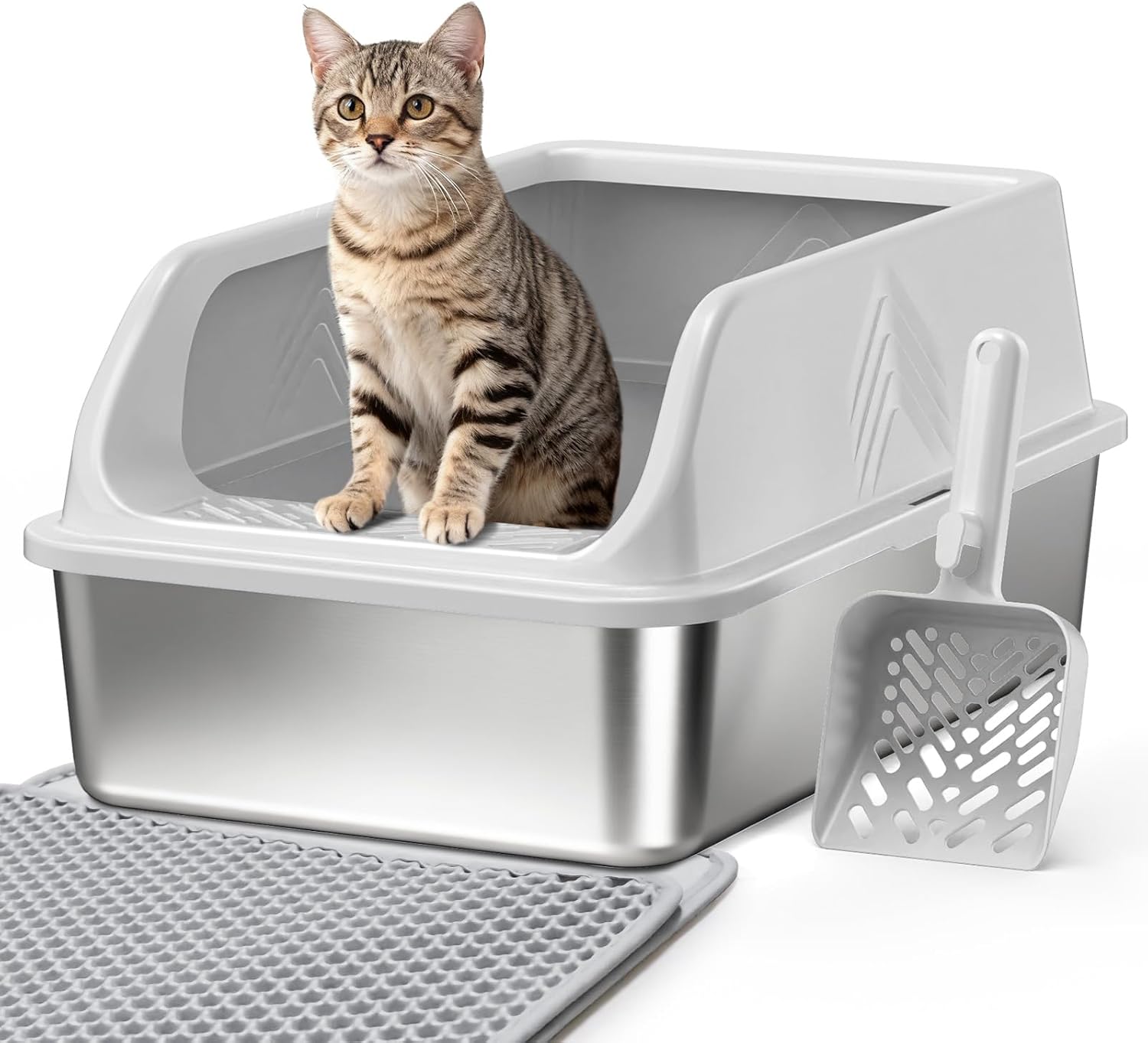Stainless Steel Litter Box with Lid Enclosed XL High Sided Metal Litter Boxes for Big Cat and Multiple Cats, Anti-Urine Leakage | Non-Stick & Includes Cat Mat and Scoop