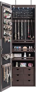 Overstock Wall Door Mounted LED Mirror Jewelry Cabinet Lockable Armoire Brown