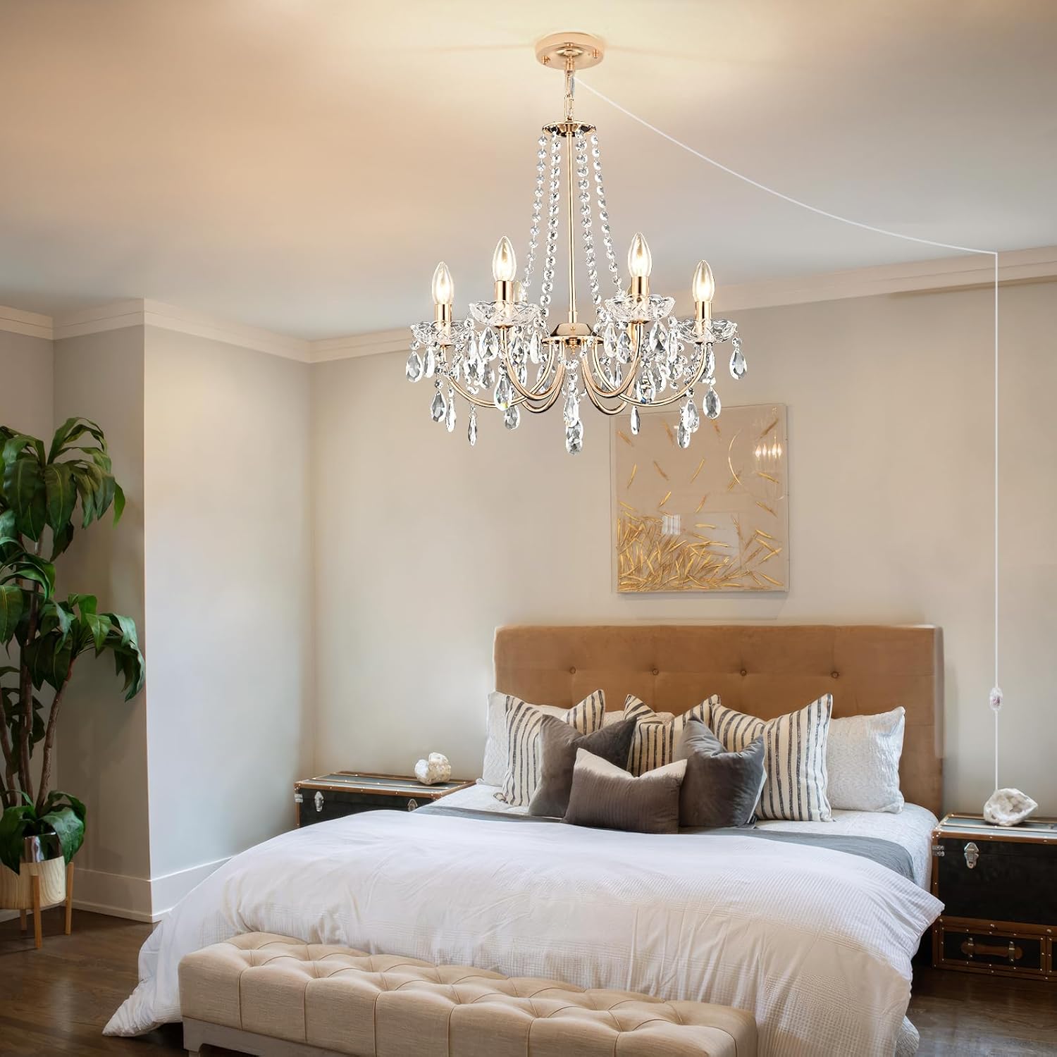 DIMMABLE Plug in Chandelier 6 Light Crystal (BULBS INCLUDED), with 19.68ft Long Plug in Clear Cord, Champaign Gold E12 Glass Hanging Ceiling Pendant Lights for Dining Living Room Bedroom Entryway