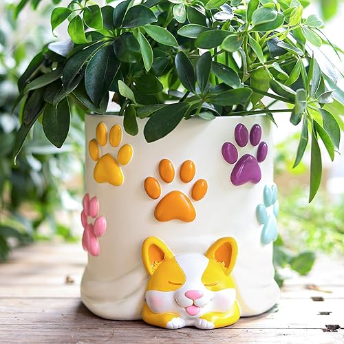 GUGUGO Lindas macetas para perros, coloridas macetas de jardinería con orificio de drenaje, divertidas macetas de animales únicas para plantas de
