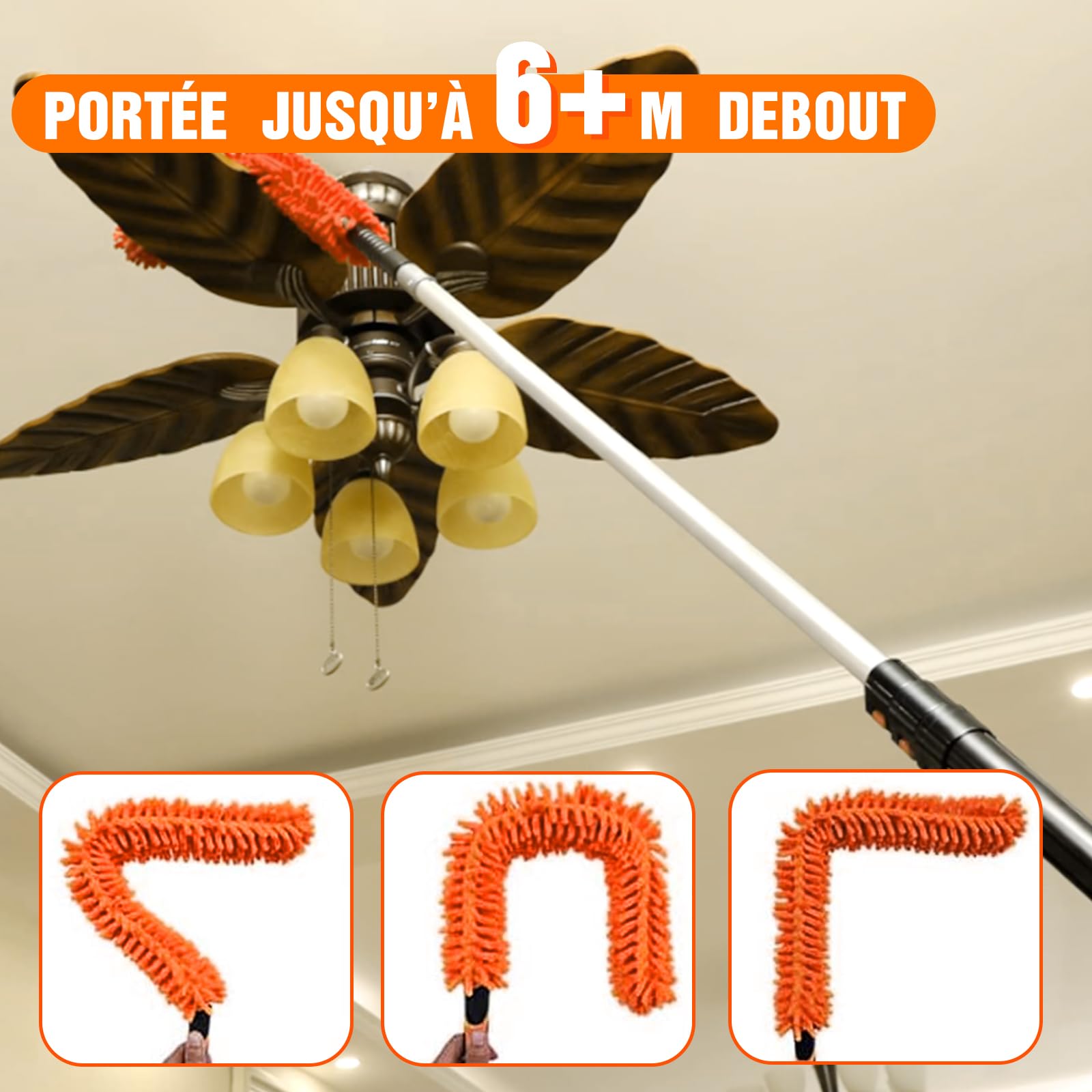 LAANPOLE Plumeau Poussiere avec 6m Perche Telescopique, Tete de Loup de Ventilateur de Plafond, 2-en-1 Raclette Vitre Professionnel