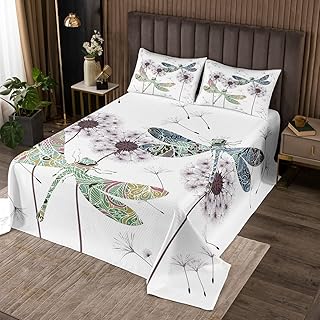 Dragonfly Gifts For Women, Dandelion Floral Quilt Set Queen, Dragonflies Flying Animals Bedspread Set For Lady Girls, Botanical Blossom Petal Coverlet Set, Colorful Dragonfly Wings Bed Set All Season