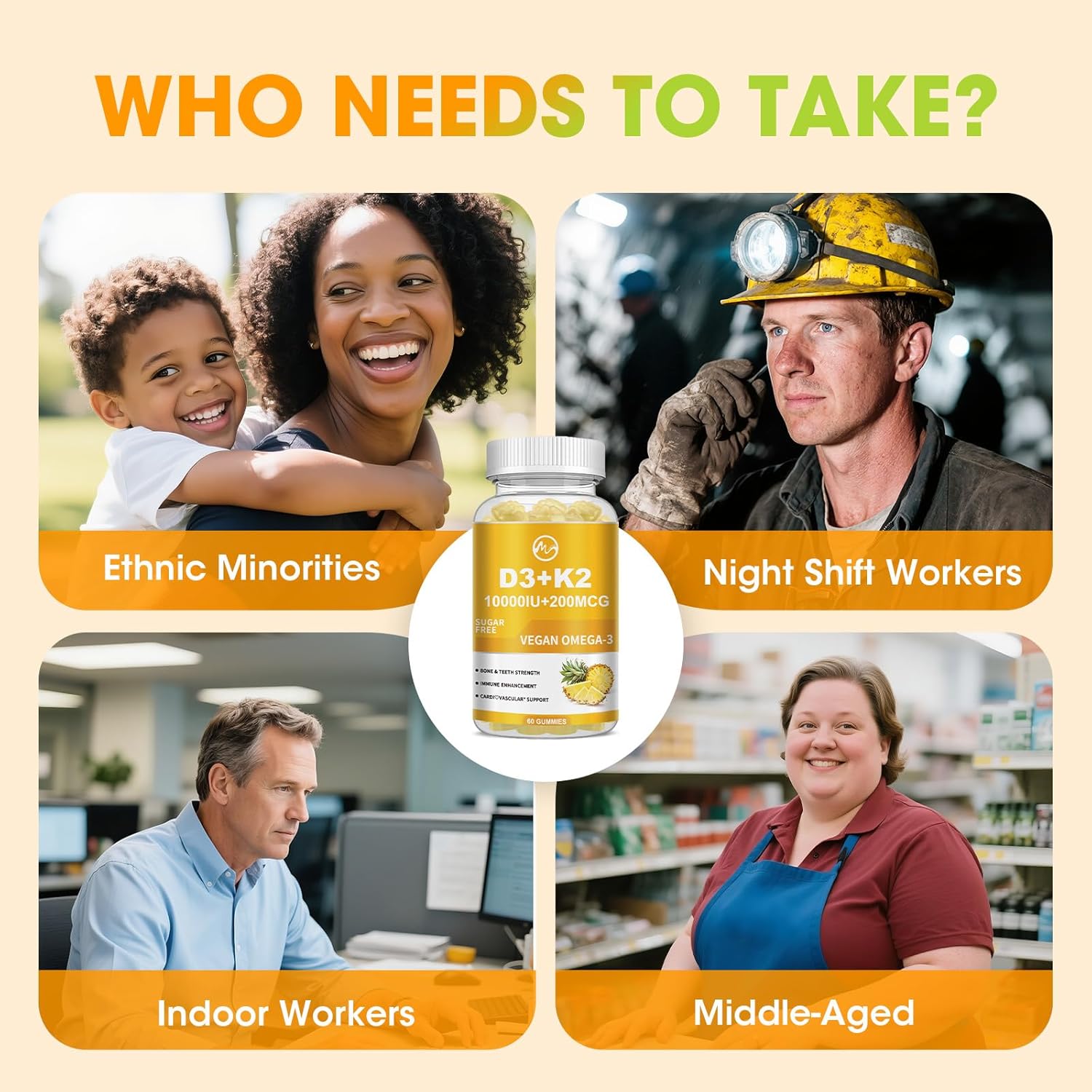 M inch Vitamin D3 K2 Gummies, Vitamin D3 10000IU, K2 (MK-7) 200mcg, 6-in-1 Vitamina D3 con K2 Supplement with Omega-3 for Women and Men - Bones, Teeth & Immune Support, Sugar Free, 2 Pack - Image 8