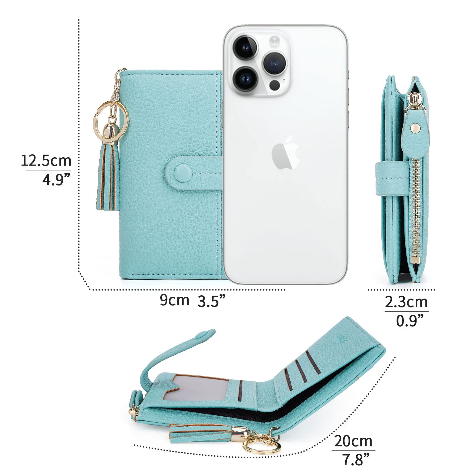 HKCLUF Portafoglio Piccolo da Donna, Porta Carte Blocco RFID Portamonete Pelle con Nappa Portafogli Cerniera Molti Scomparti(B05-Verde chiaro)