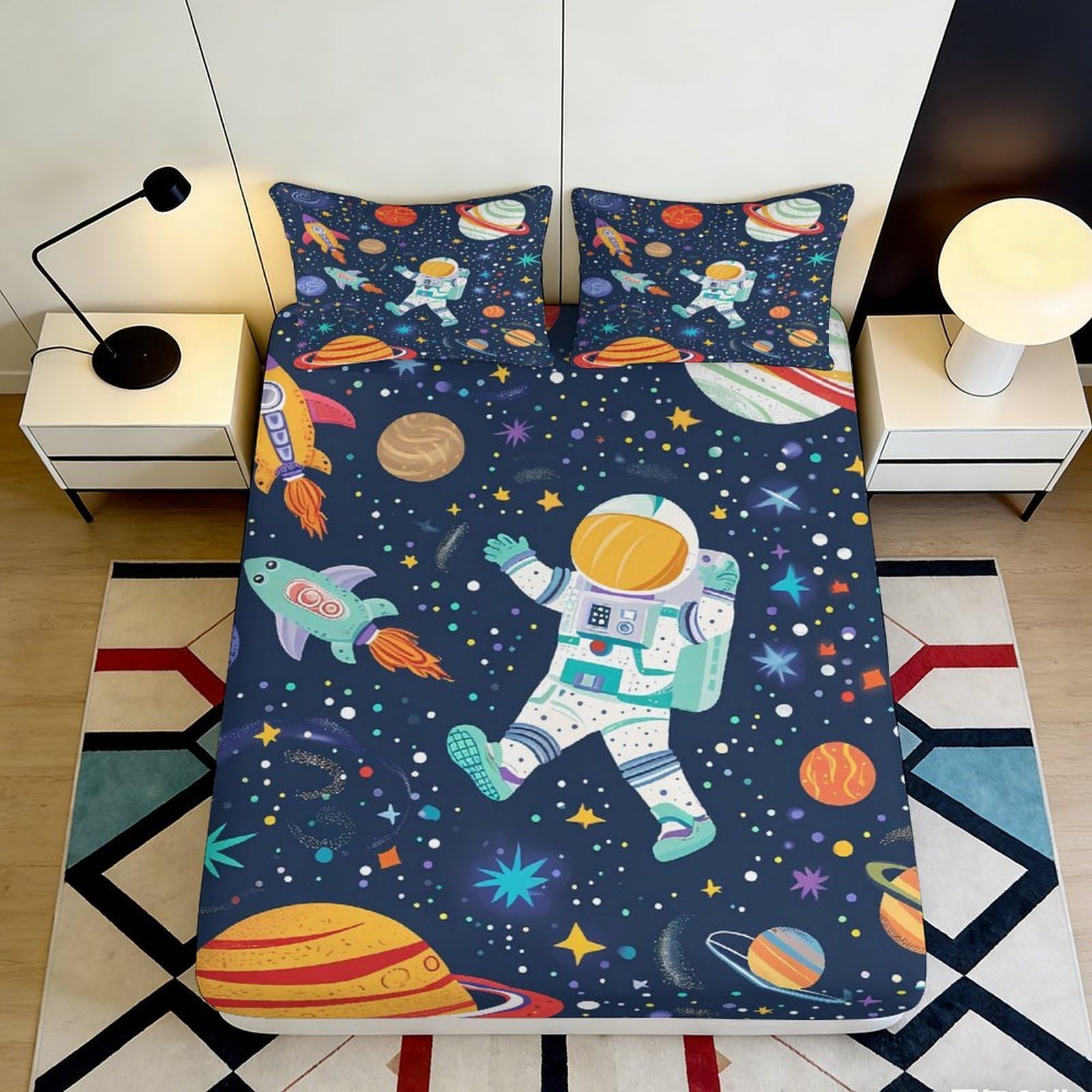 3D Printed Astronaut Space Fitted Sheet Microfiber Soft Breathable Planet Mattress Cover Bedroom Guest Room Decor 90x200x25cm