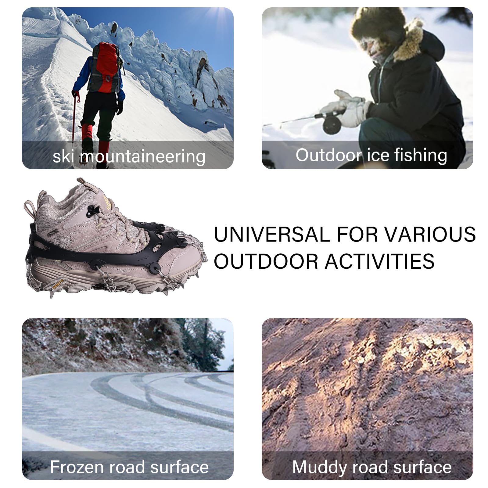Crampons à glace antidérapants à 24 pointes pour chaussures et bottes avec pointes en acier inoxydable et silicone pour homme et femme pour randonnée, jogging, escalade, pêche
