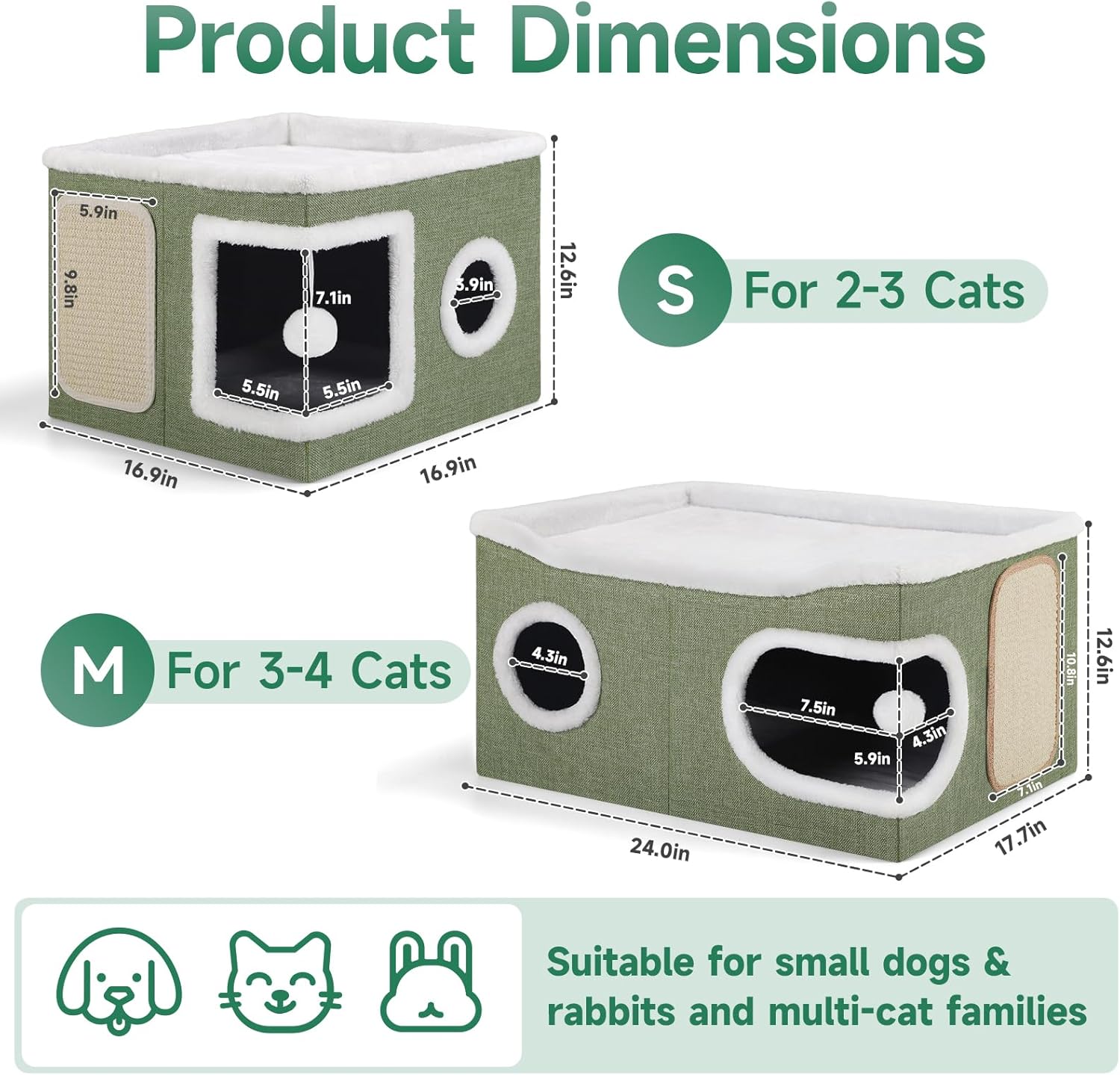 Cat Beds for Indoor Cats, Extra Wide Cat Cube House for Multi Cats, Foldable Cat Cave Hideaway with Arc-Edge Design & Oval Door, Double-Side Soft Cushion for All Seasons, 24"L x 17.7"D x 12.6"H, Green