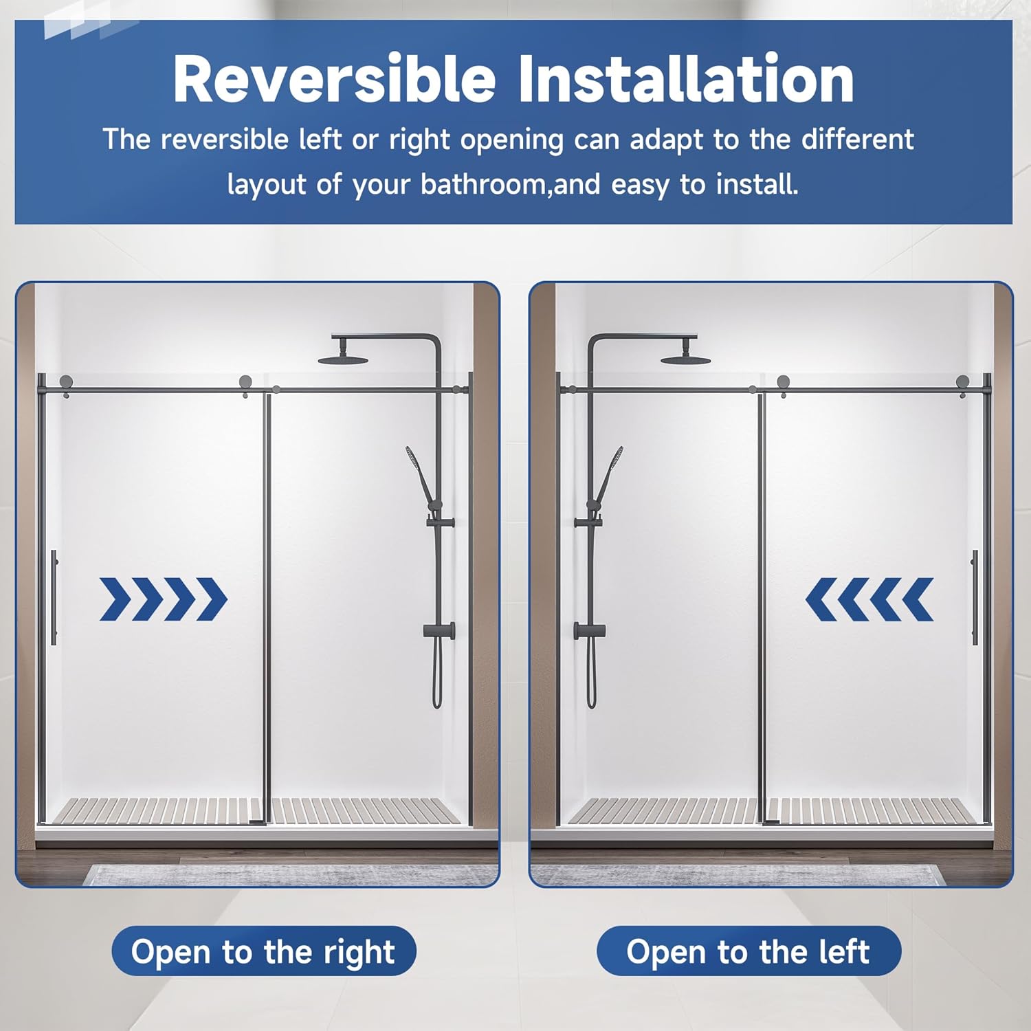 Frameless Sliding Shower Door 72” W x 76” H, 3/8” Tempered Glass, Single Bypass Shower Enclosure with Reversible Door, Quiet Rollers, Anti-Jump Safety System,Matte Black Stainless Steel