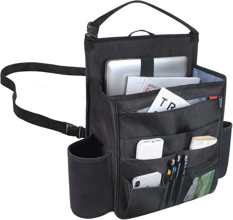 Organizador de almacenamiento para asiento delantero de automóvil, negro | Bolsillos integrados para computadora portátil y tableta, equipados con correas traseras ajustables