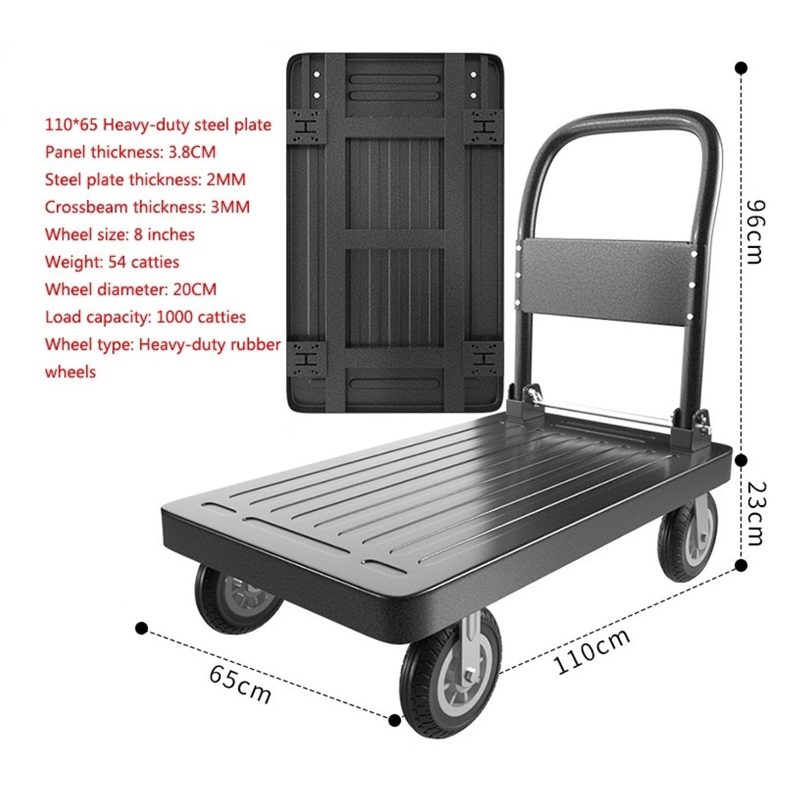 Carrello a Mano con Piattaforma Pieghevole Mobile Ruote in Gomma da 8 Pollici for Uso Industriale e Commerciale Carrello Pieghevole per Magazzino