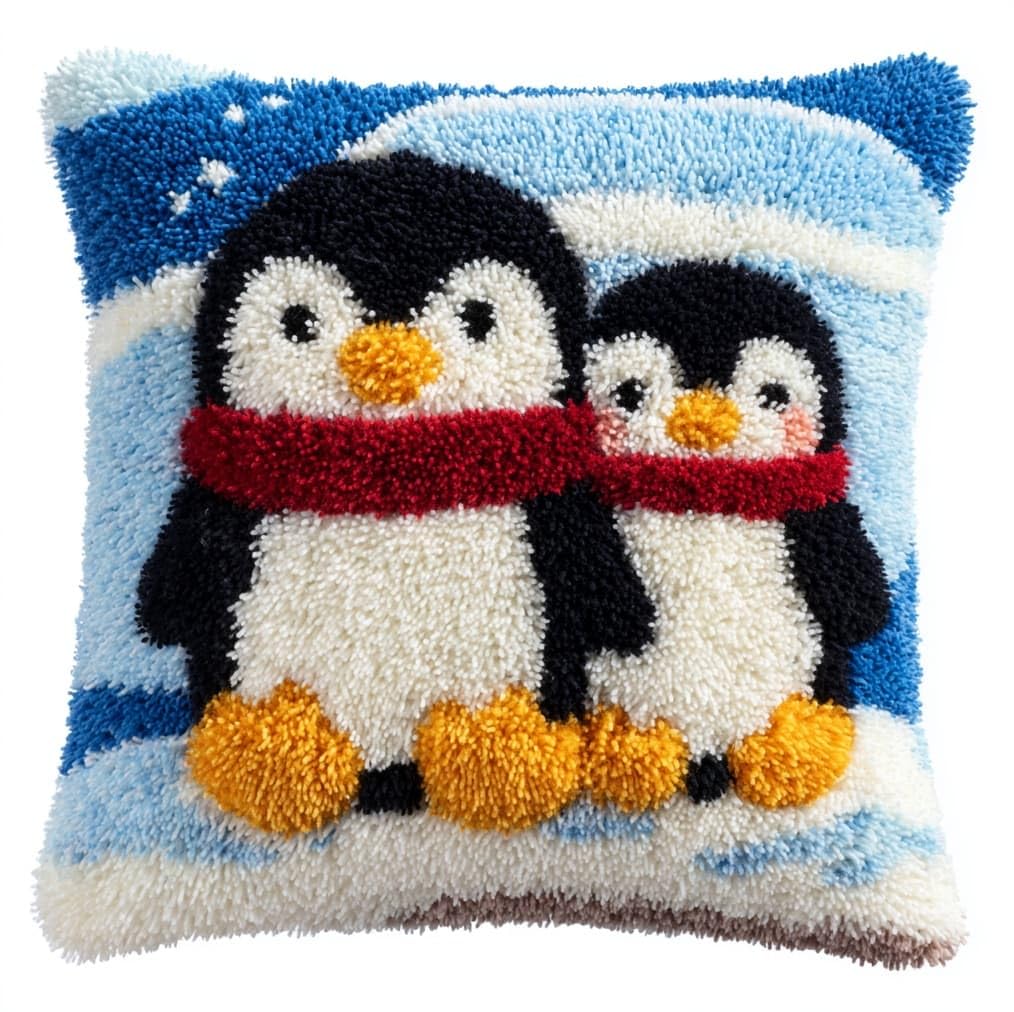 Henypt DIY Latch Hook Cushion Kit,A Family of Penguins 43x43cm Decorative Pillow Cover Craft Set,DIY Craft Set Perfect for Living Room & Gifting