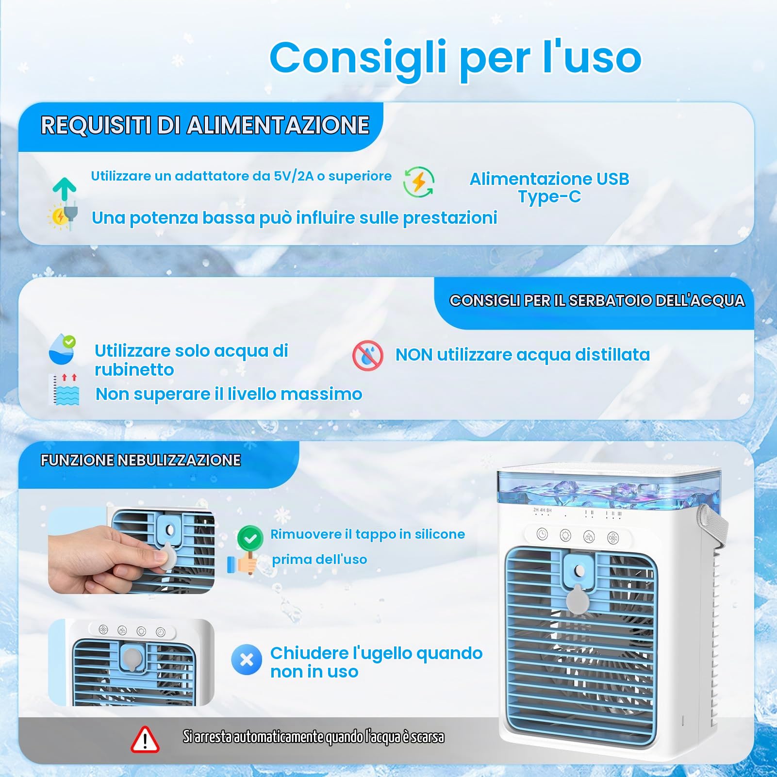 Condizionatori d'aria portatili, mini condizionatore d'aria CA 4 in 1 con serbatoio d'acqua da 1000 ml, timer 2/4/8 ore, luce ambientale, alimentato tramite USB, ventola di raffreddamento per camera