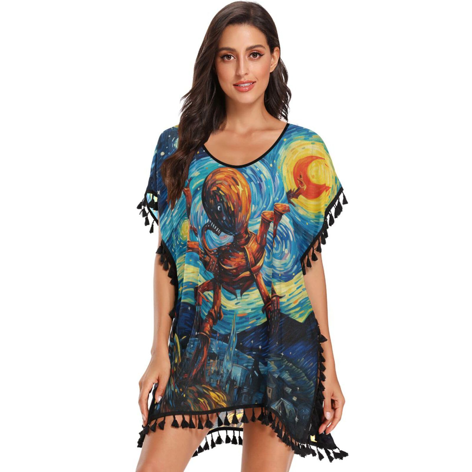 KAAVIYO Watercolor Moon Cartoon Lobster Women's Beach Cover Up Chiffon Tassel Swimwear Swimsuit Coverups for Girl