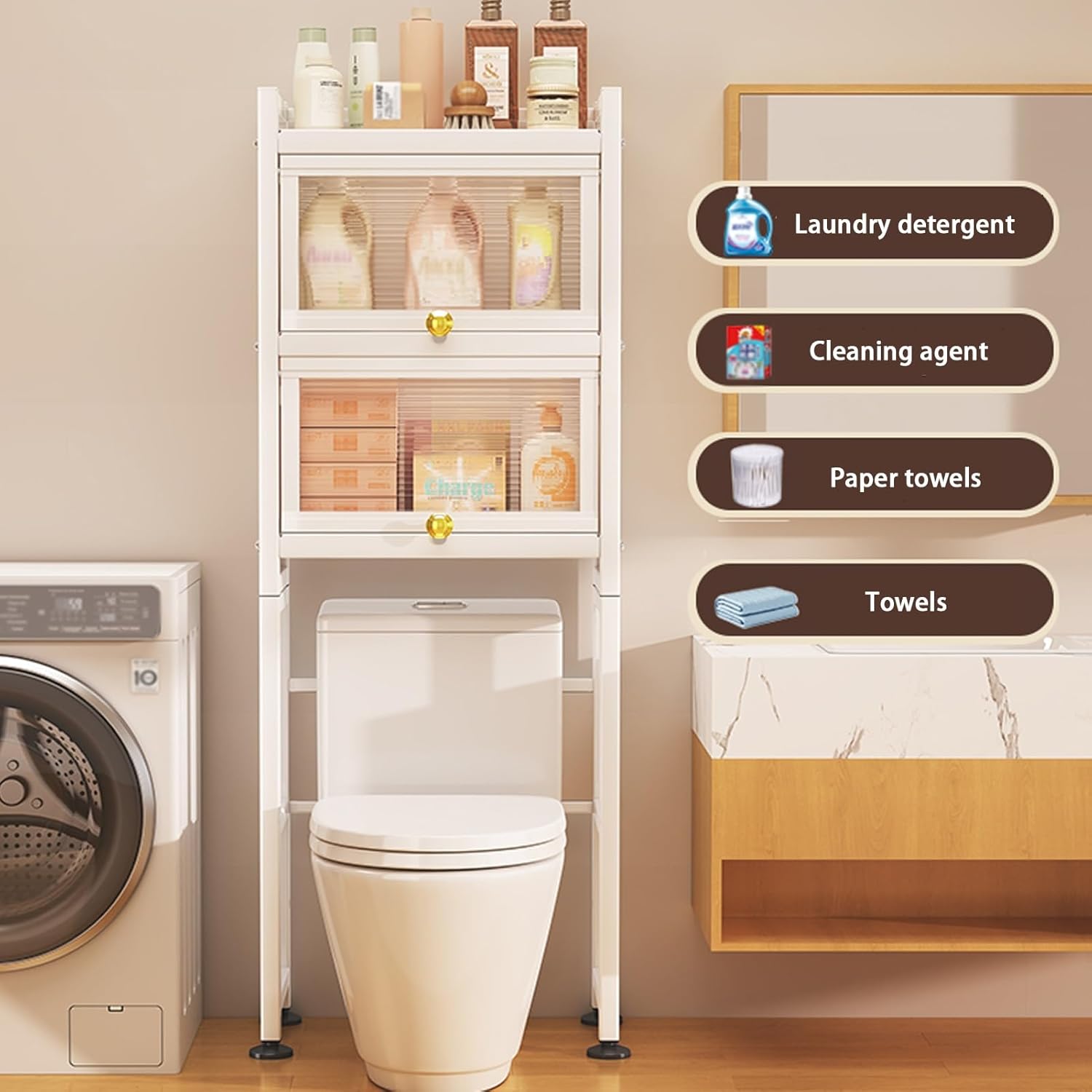 Over The Toilet Storage Cabinet, Free Standing Toilet Rack with Acrylic Door and Adjustable Feet Pad, Bathroom Organizer Shelf, Space Saver, for Bathroom Restroom(137cm/53.9in)