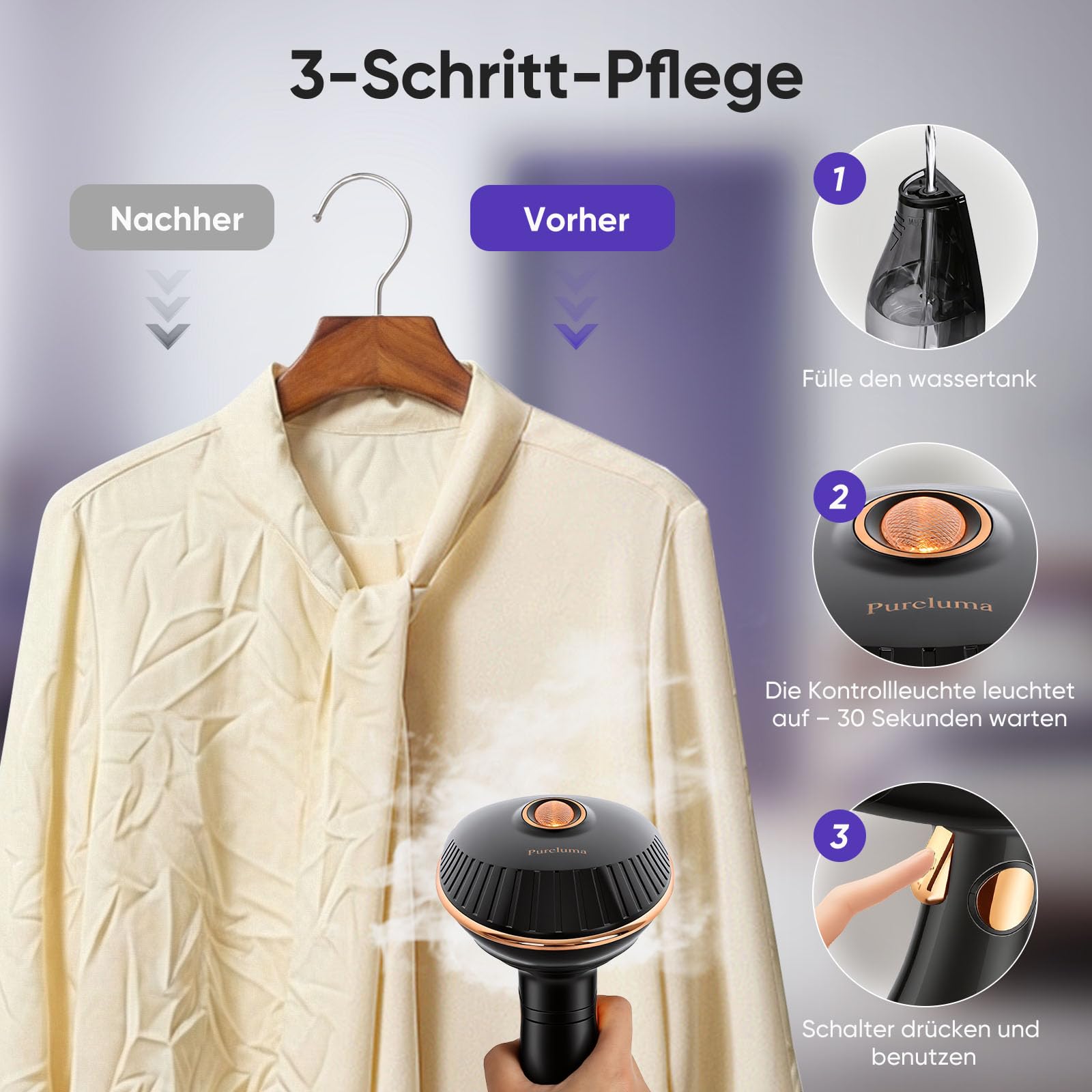 Steamer Dampfglätter - 1500W Steamer, 168ml Wassertank Dampfglätter, Faltenentferner für Kleidung & Clothing, 30s Schnellaufheizung, Bügeleisen 2-in-1 Steamer für Reise & Urlaub