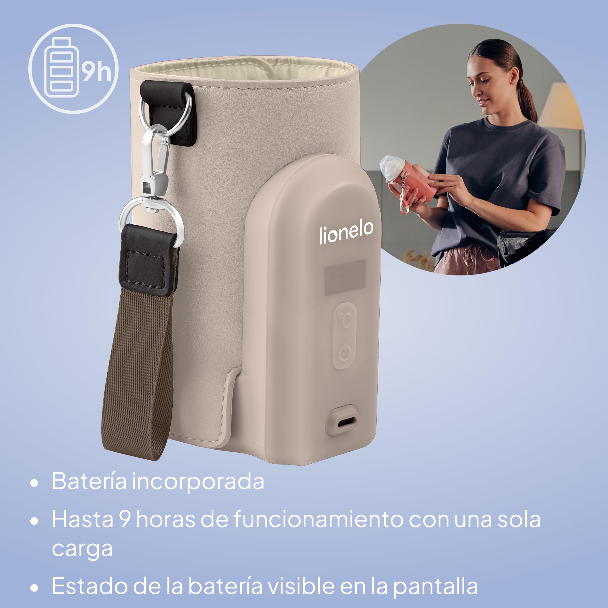 LIONELO Thermup Go Evo Calientabiberones Portátil Para Bebé, Mantiene los Líquidos Calientes, 5 Temperaturas de Funcionamiento de 38 a 50 oC, hasta 9 horas de Funcionamiento Pantalla LCD (Beige topo) | Mantiene calientes los líquidos, 5 temperaturas de 38