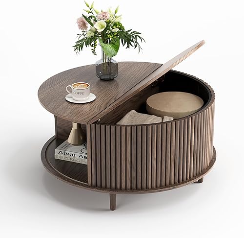 Miniatura 7 de SULIVES Mesa de centro redonda con almacenamiento, mesa de centro moderna de mediados de siglo con puerta corredera, mesa central acanalada con