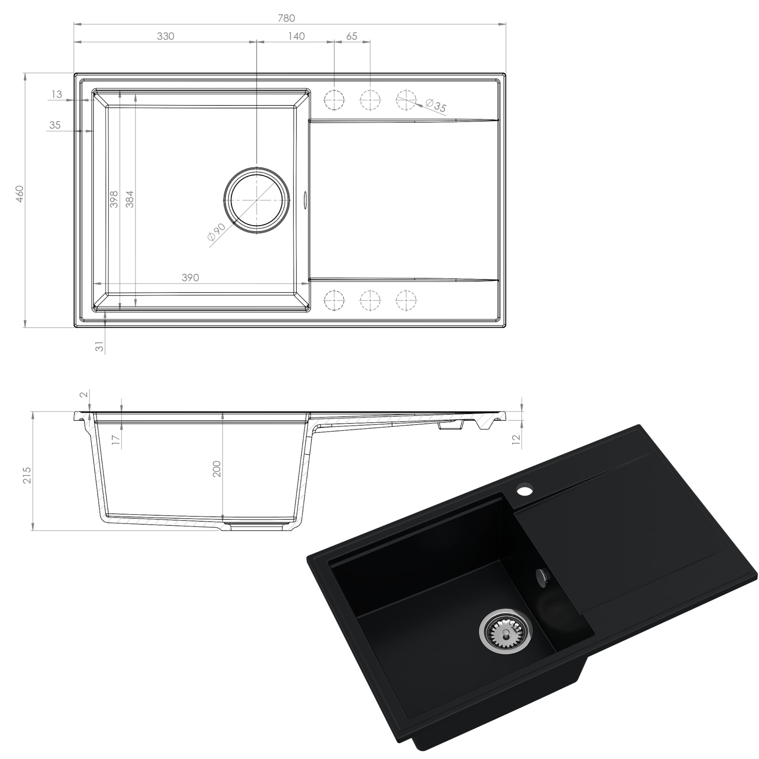 SINK Quality Zlewozmywak jednokomorowy Czarny z Ociekaczem 78x46 cm - W zestawie syfon z przyciskiem i impregnat - Granitowy Zlew Kuchenny do szafki o szerokości od 60 cm